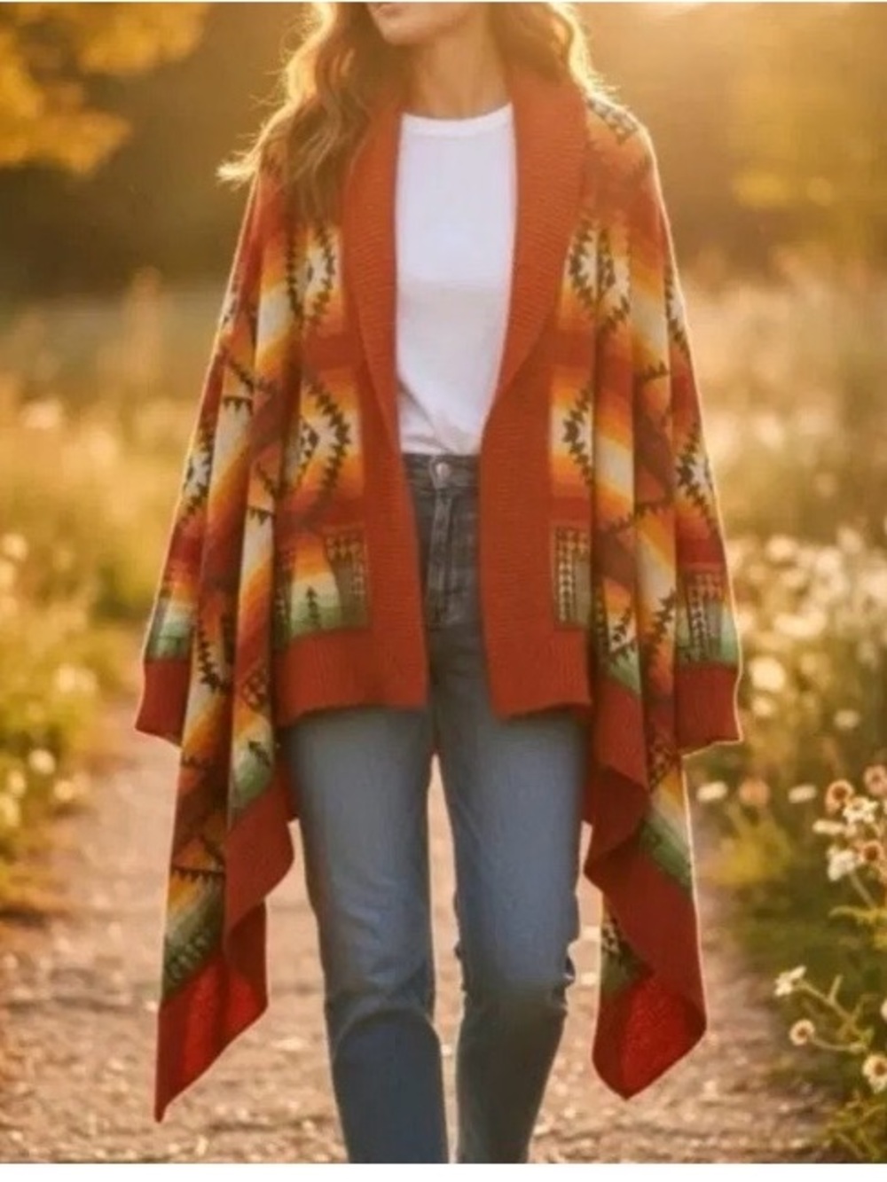 Ralph Lauren Rust Aztec Open-Front Poncho Cardigan